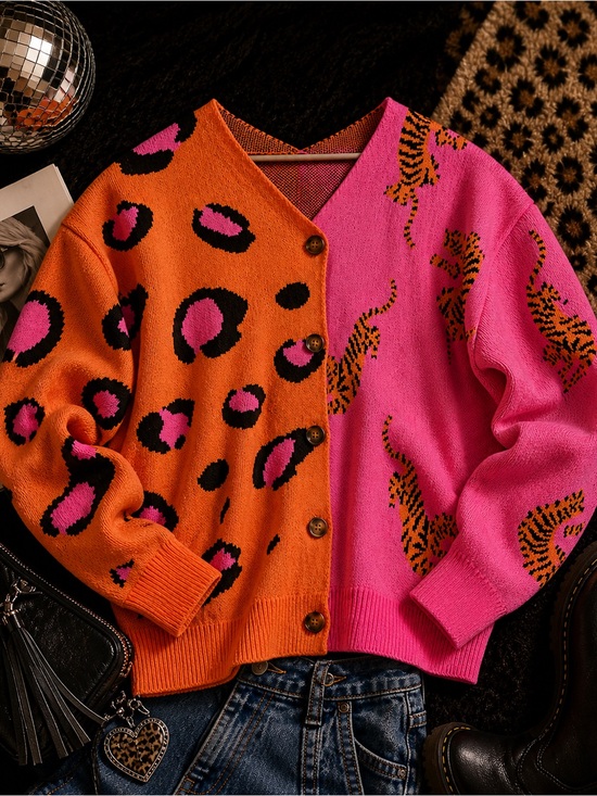 Sweaters - Colorblock Tiger Leopard Cardigan Pink Orange Statement Knit Medium